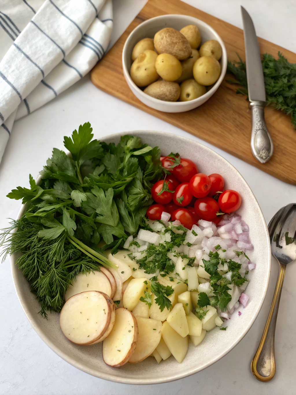 A vibrant bowl of simple herb potato salad, garnished with fresh herbs and a lemon wedge.
